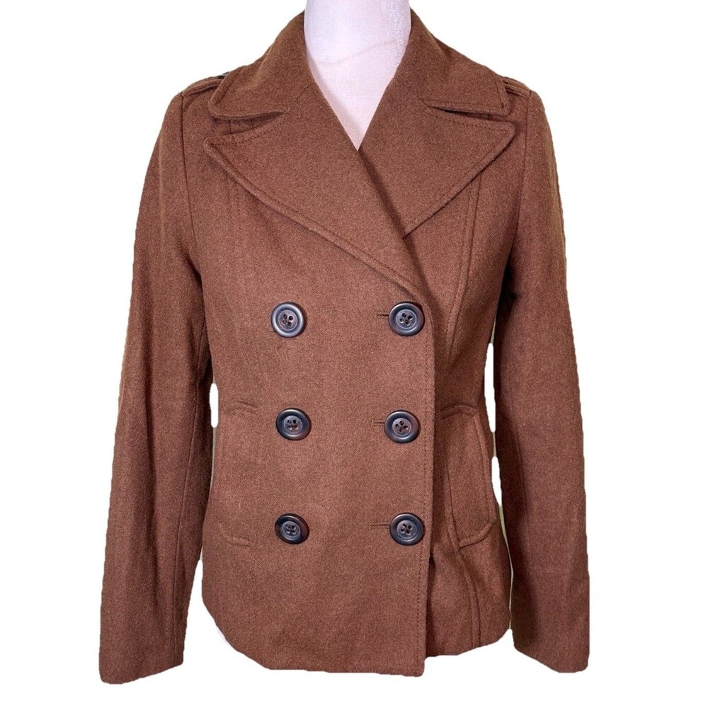 Women’s Brown Wool Blend Double Breasted Jacket Classic Tailored Peacoat Sz XS